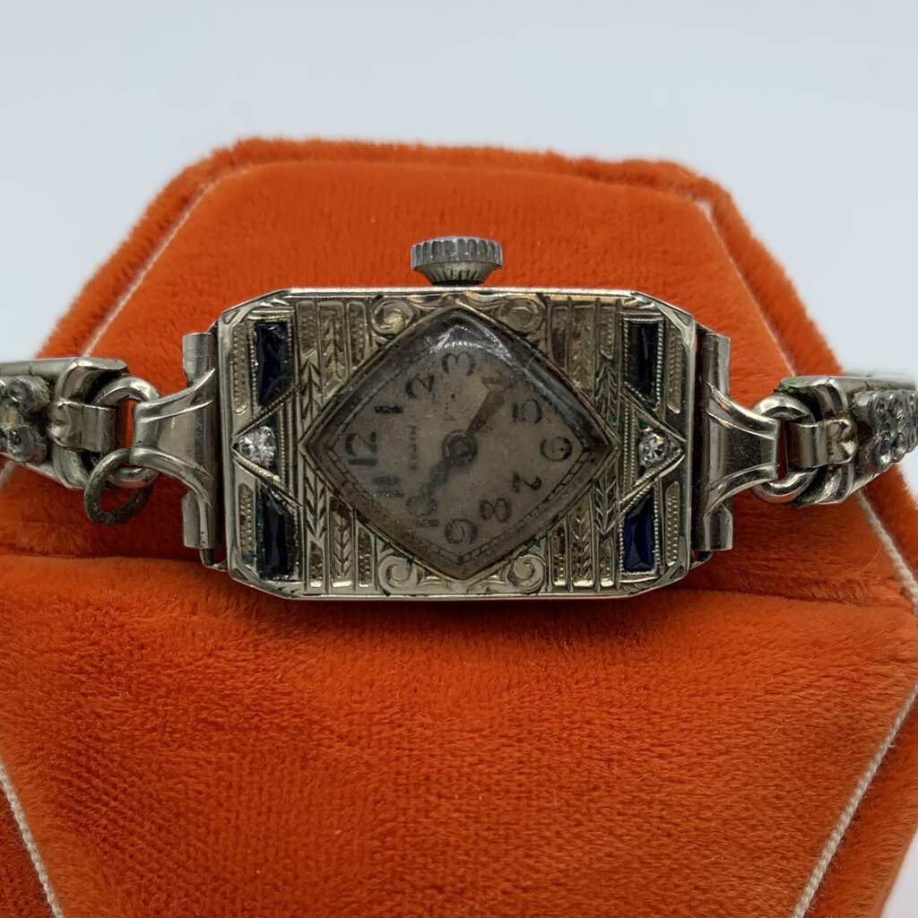 Antique Elgin Art Deco-Era Diamond and Sapphire Wrist Watch /hg