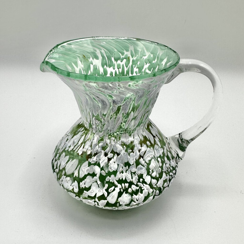 Vintage Hand Blown Art Glass Bud Vase/Small Pitcher Green With White Splatter /cb