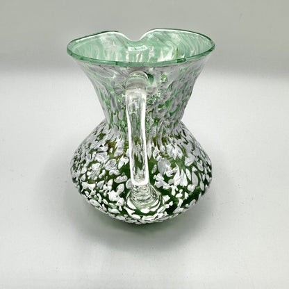 Vintage Hand Blown Art Glass Bud Vase/Small Pitcher Green With White Splatter /cb