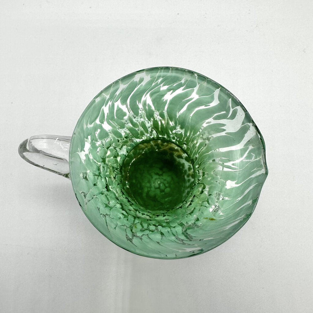 Vintage Hand Blown Art Glass Bud Vase/Small Pitcher Green With White Splatter /cb