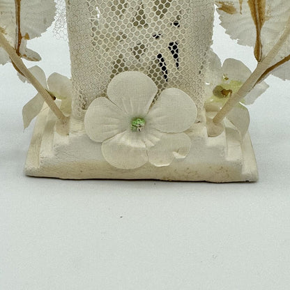 1955 Chalkware Wedding Cake Topper Bride And Groom Fabric Flower Arch Bell /cb