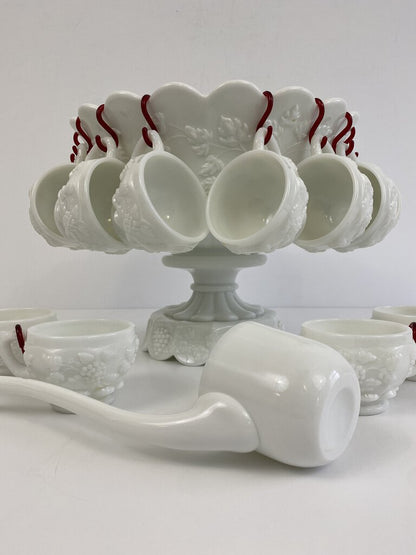 Rare Westmoreland Panel Grape White Milk Glass Pedestal Punch Bowl Set Ladle Cups Hangers /rb