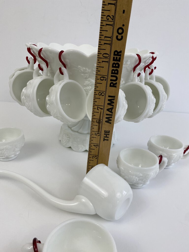 Rare Westmoreland Panel Grape White Milk Glass Pedestal Punch Bowl Set Ladle Cups Hangers /rb