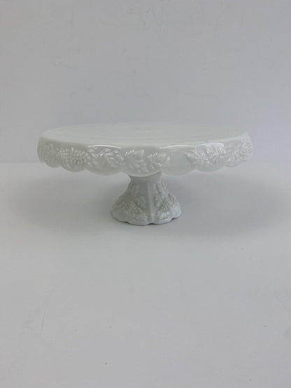 Vintage White Milk Glass Pedestal Cake Plate Grapevine Pattern 10.75” Dia, /rb