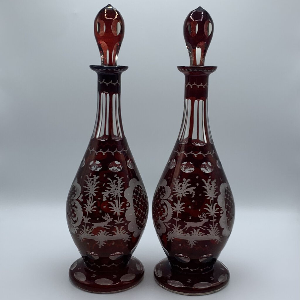 Pair of Antique Egermann Ruby Red Bohemian Glass Decanters /hg