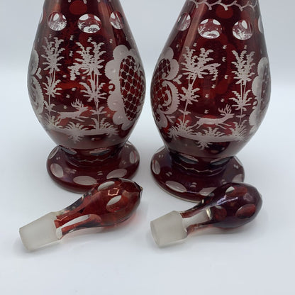 Pair of Antique Egermann Ruby Red Bohemian Glass Decanters /hg