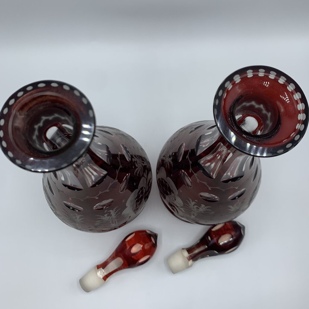 Pair of Antique Egermann Ruby Red Bohemian Glass Decanters /hg