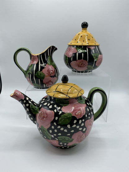 Droll Designs 3 piece Tea Set Black/White Pink Flowers Charming! /rb