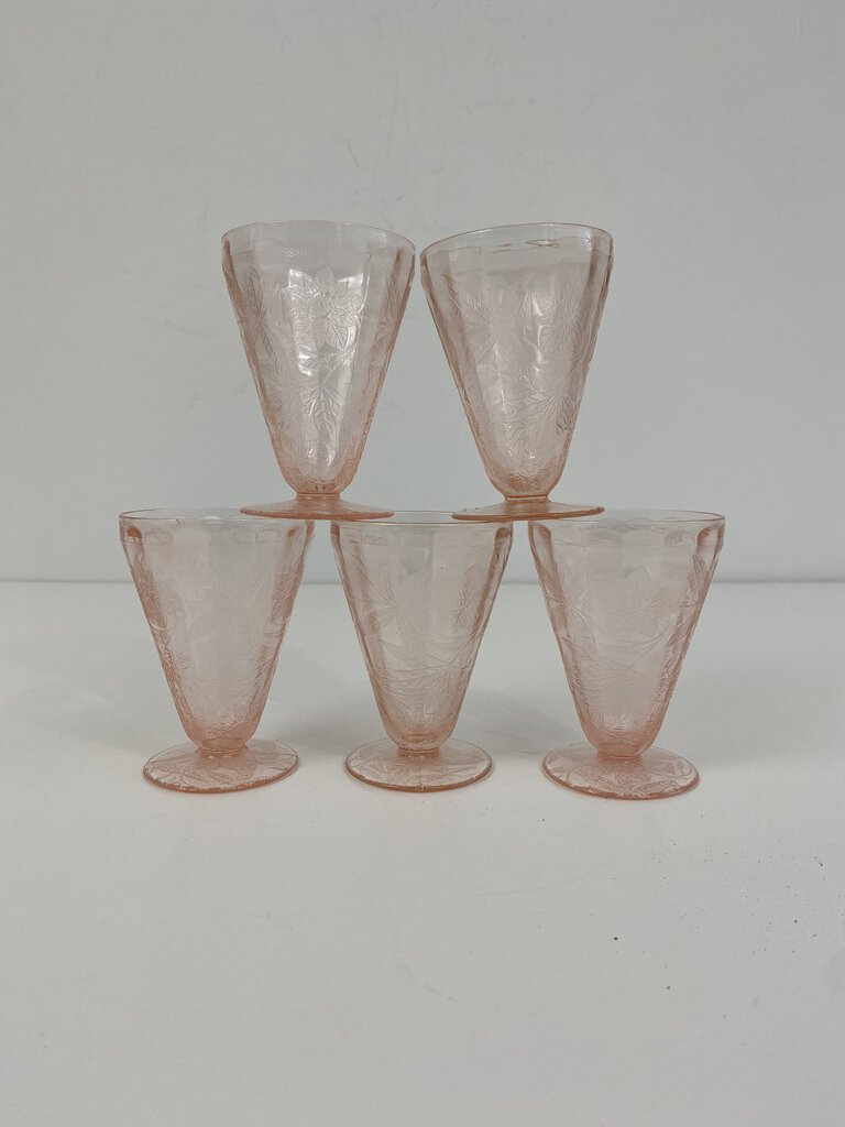 Jeannette Pink Poinsettia Depression Glass Footed Set of 5 /rc.