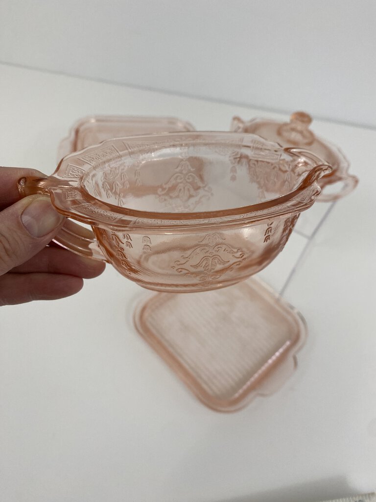 Vintage Anchor Hocking Princess Pink Depression Glass Sugar Bowl, Lid, Creamer, Trays /ro