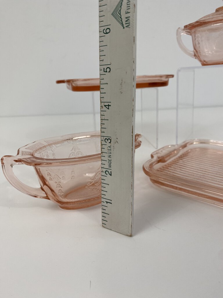 Vintage Anchor Hocking Princess Pink Depression Glass Sugar Bowl, Lid, Creamer, Trays /ro