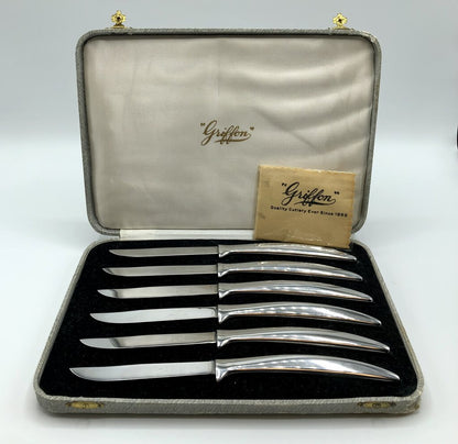 Vtg Set Griffon Italy Stainless Steak Knives w/ Case /b