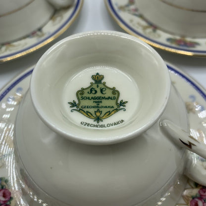 Antique Haas & Czjzek “La Boheme Blue” Teacup and Saucer Set of 4 /hg