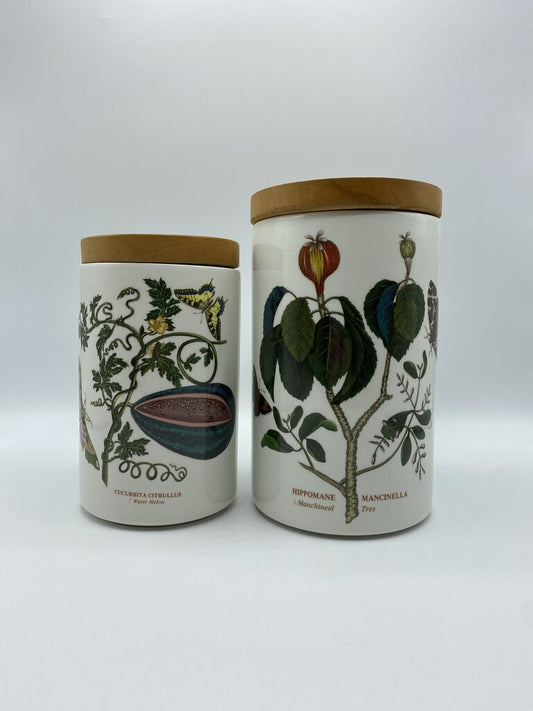 VTG Portmeirion The Botanic Garden 8” & 6.5” Canisters w/Wood Lids /ro