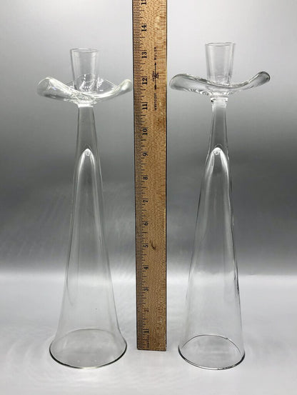 Tall Impressive Pair Blown Glass Candlesticks Candle Holders /b