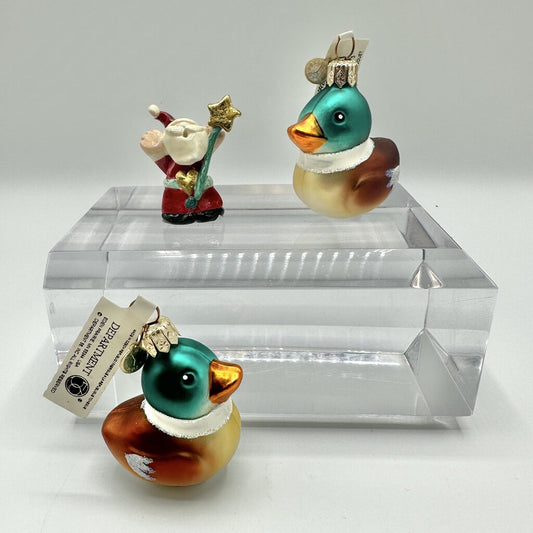 2 Department 56 Blown Glass Mallard Duck & 1 Midwest Of Cannon Falls Santa w/Star Ornaments /cb