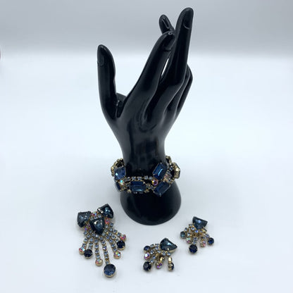 Vintage Midnight Blue Rhinestone Brooch, Bracelet, and Earrings Set /hg