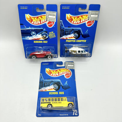 1991/92 Hot Wheels Blue Card School Bus Model 1795, Auburn 852 Model 4314, Propper Chopper Model 0492 NIP /cb