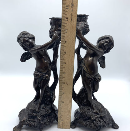 Vintage Bronze Art Nouveau-Style Cherub Candlesticks /hg