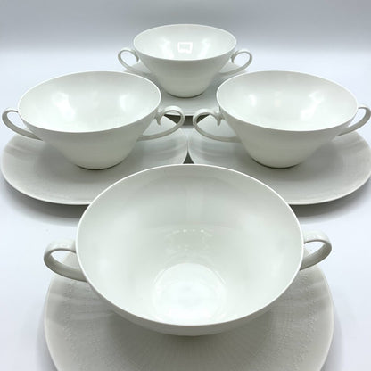 Vintage Mid-Century Bjorn Wiinblad Rosenthal “Romance White” Double Handled Soup Bowls with Underplates Set of 4 /hg