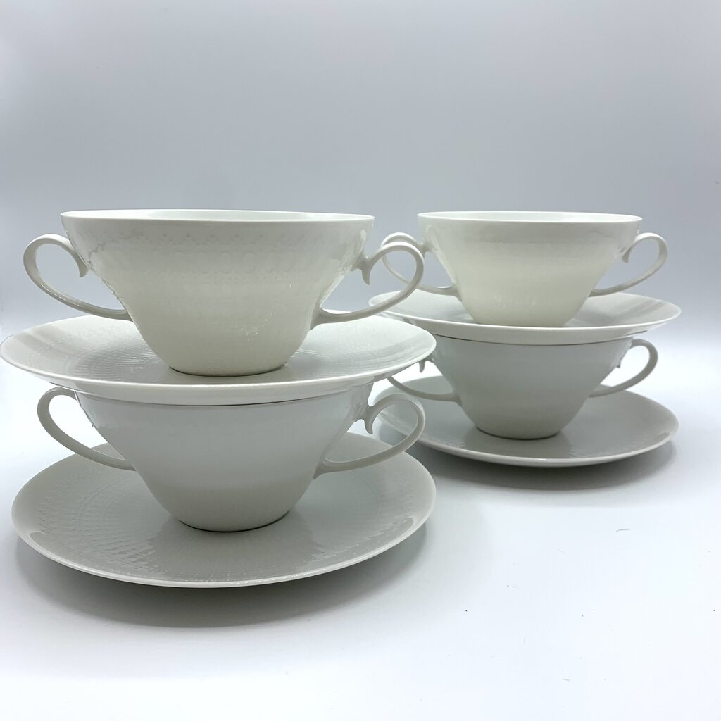 Vintage Mid-Century Bjorn Wiinblad Rosenthal “Romance White” Double Handled Soup Bowls with Underplates Set of 4 /hg