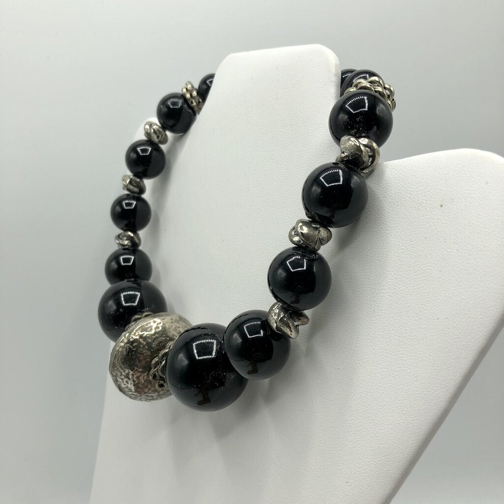 Vintage Artisan Made Chunky Black Acrylic Bead Choker Necklace /b