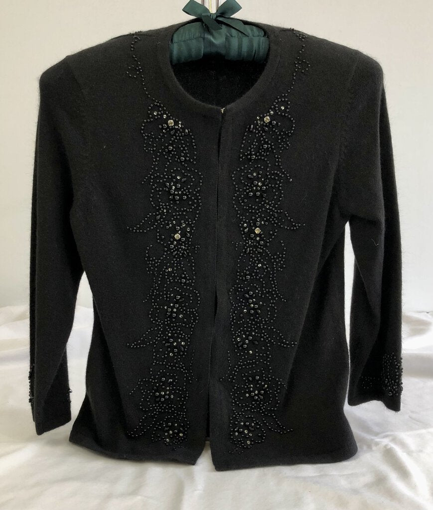 Vintage Anne Klein Black Angora Beaded Cardigan Sweater SZ -XS /b