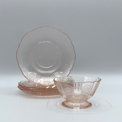 Vintage MacBeth-Evans “American Sweetheart” Saucers Set of 4 PLUS Bonus Low Sherbet Bowl, Depression Glass /hg