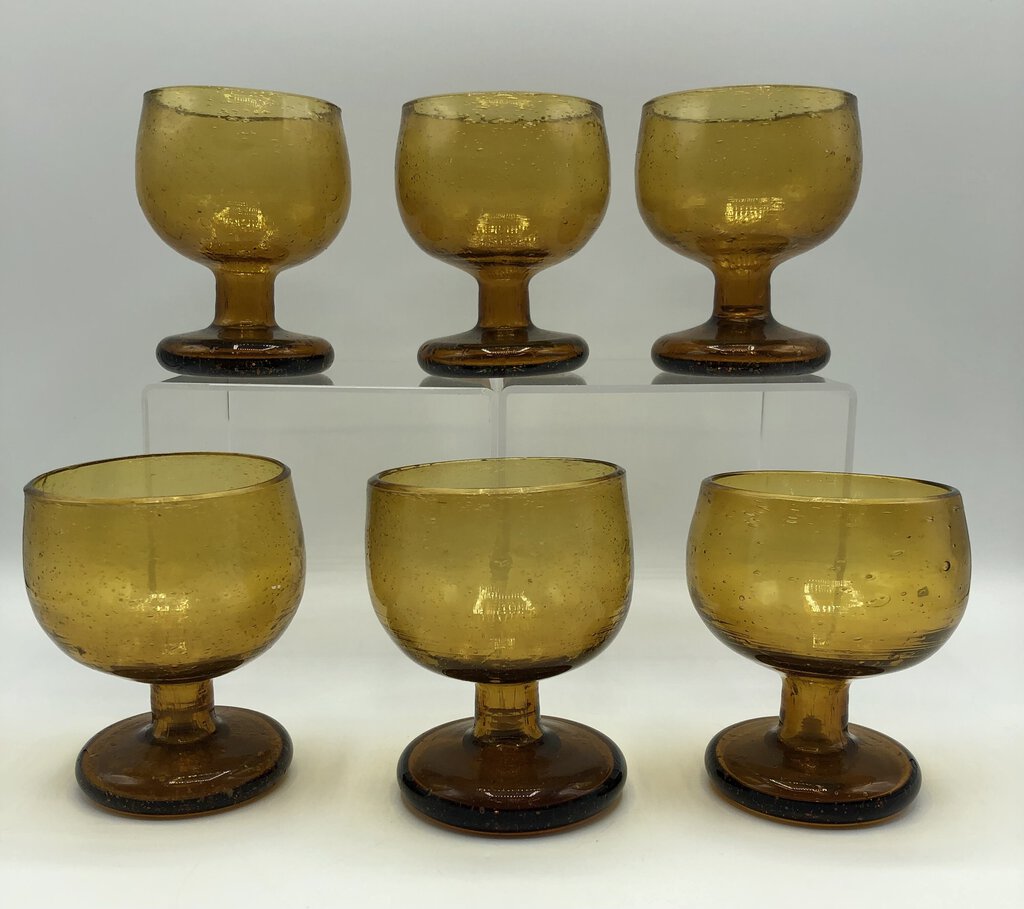 Set of 6 Vintage Amber Bubble Glass Hand Blown Goblets /b