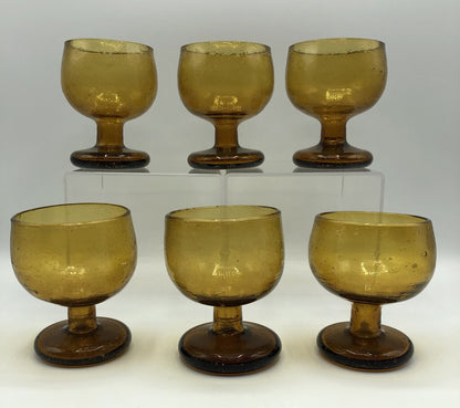 Set of 6 Vintage Amber Bubble Glass Hand Blown Goblets /b