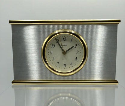 Sleek Bulova Chrome & Brass Mantle/ Desk Clock /b