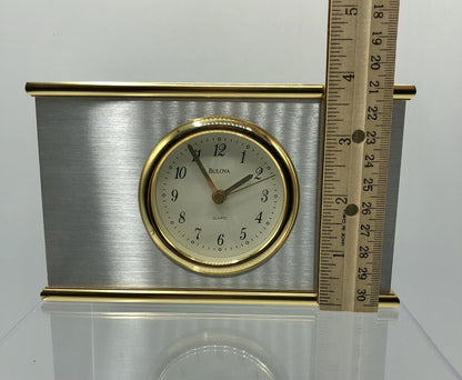 Sleek Bulova Chrome & Brass Mantle/ Desk Clock /b