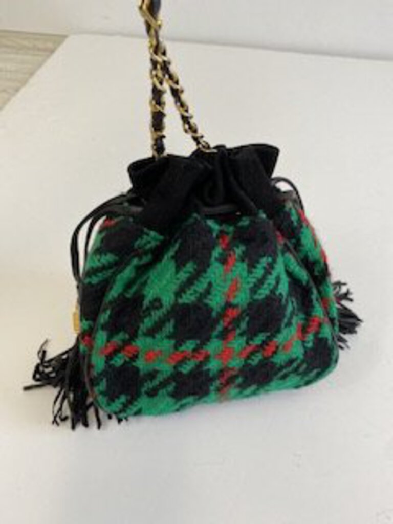 Vintage 1990s Carlisle Green/Black/Red Wool Drawstring Evening Bag /roh