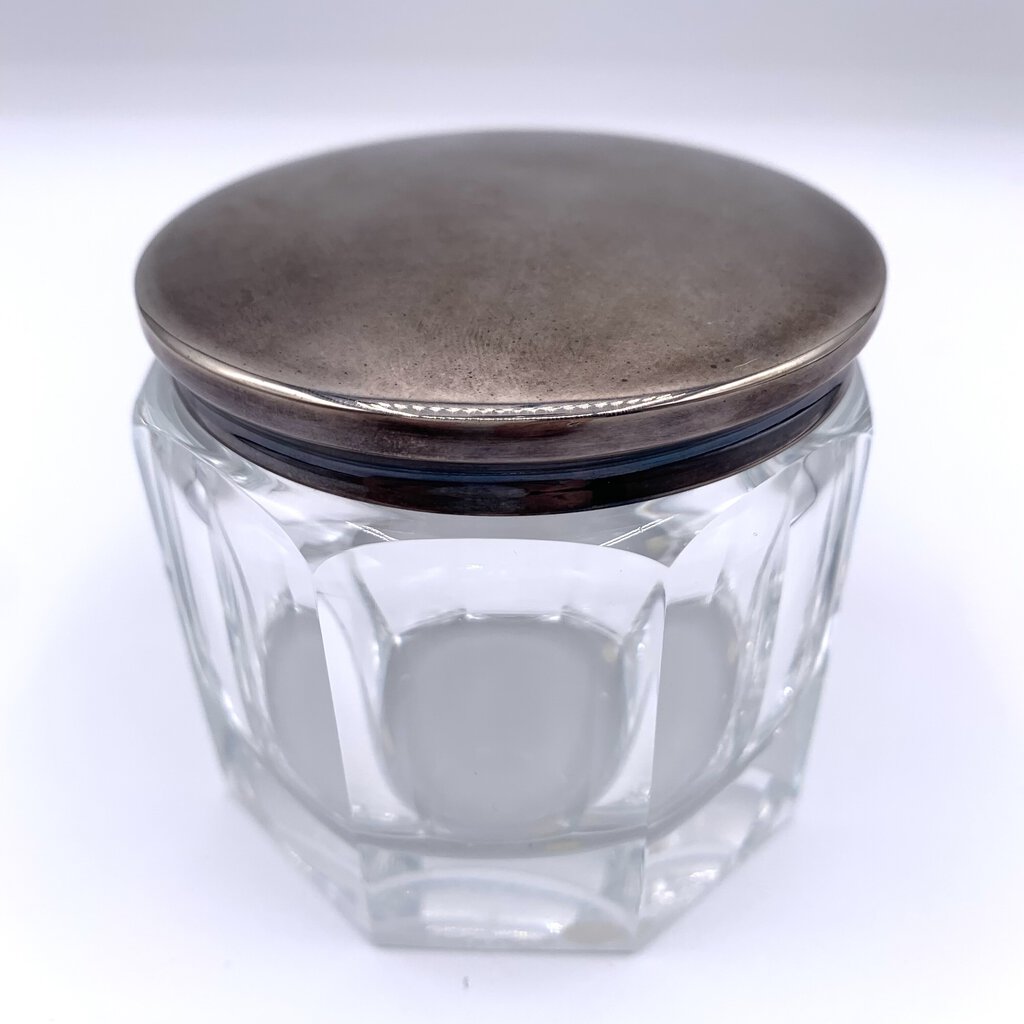 Vintage PLATA LAPPAS Signed & Hand-cut Crystal Vanity/Dresser Jar with Silverplate Lid /hgo