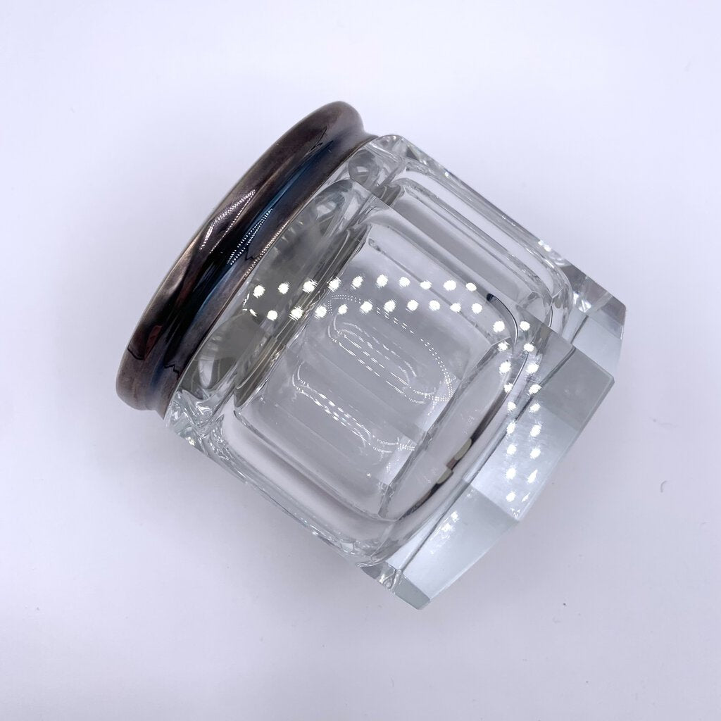 Vintage PLATA LAPPAS Signed & Hand-cut Crystal Vanity/Dresser Jar with Silverplate Lid /hgo