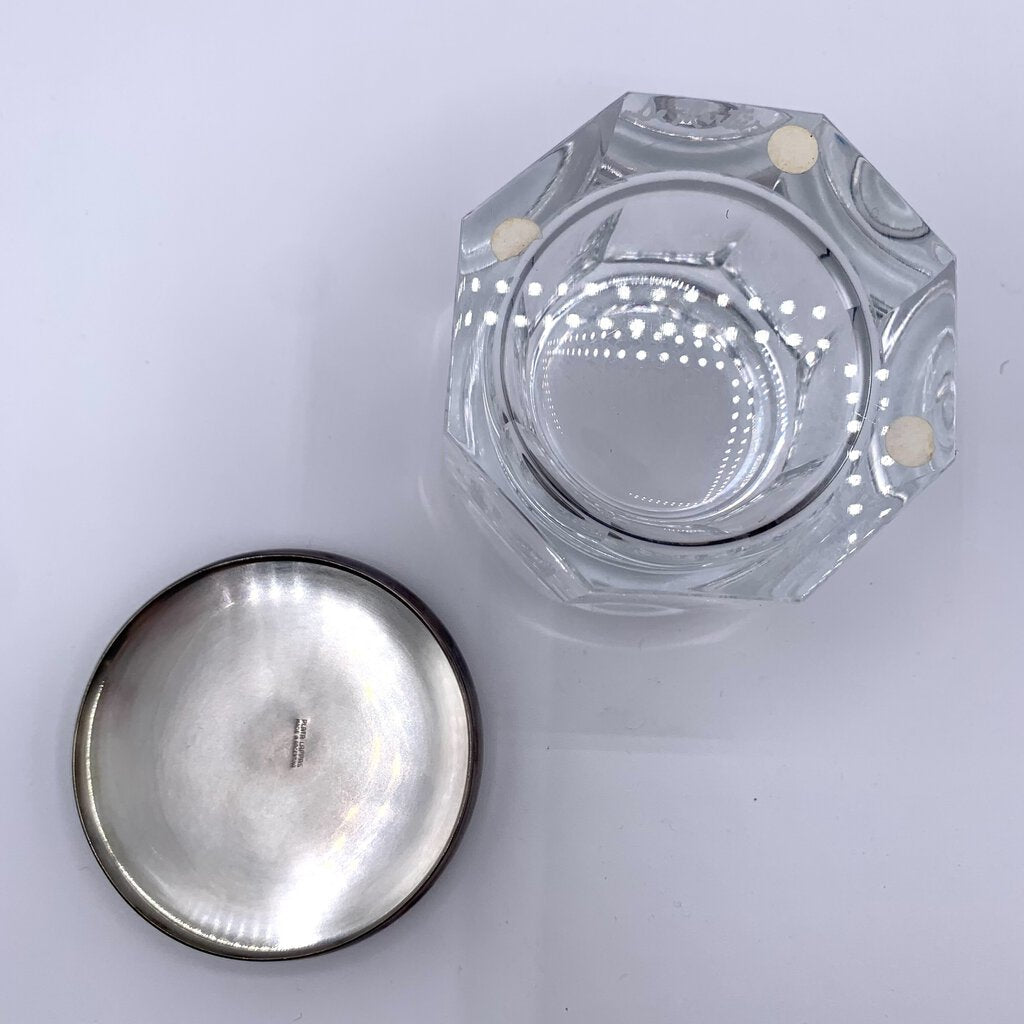 Vintage PLATA LAPPAS Signed & Hand-cut Crystal Vanity/Dresser Jar with Silverplate Lid /hgo