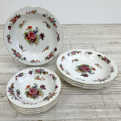 Vintage Aladdin Fine China Dresdenia Set of 4 7 3/4in Soup Bowls And 5 5/8in Dessert Bowls /cb