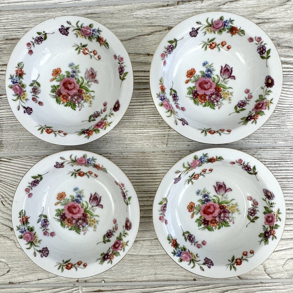 Vintage Aladdin Fine China Dresdenia Set of 4 7 3/4in Soup Bowls And 5 5/8in Dessert Bowls /cb