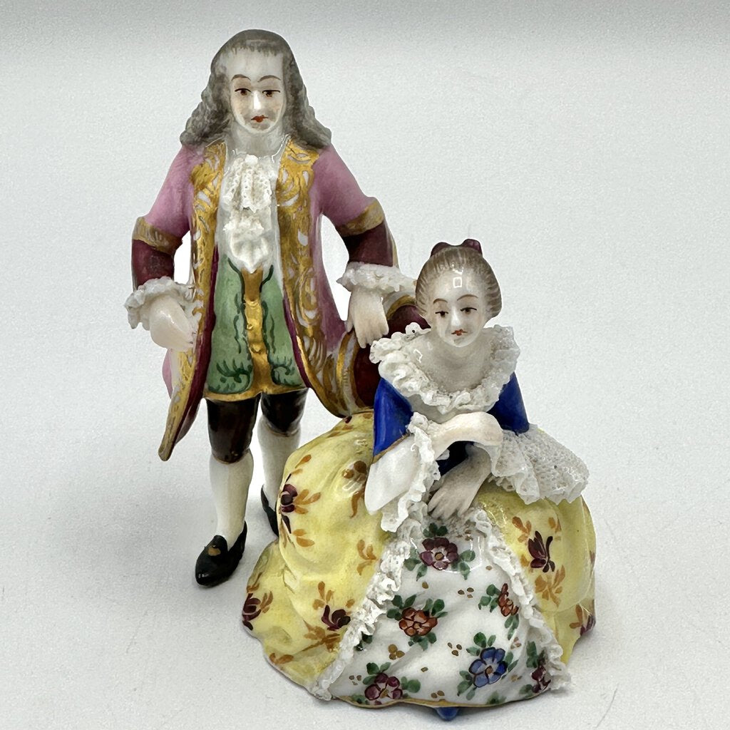 Vintage Volkstedt Miniature 18th Century Style Figurines w/Lace Accents Made In Germany /cb