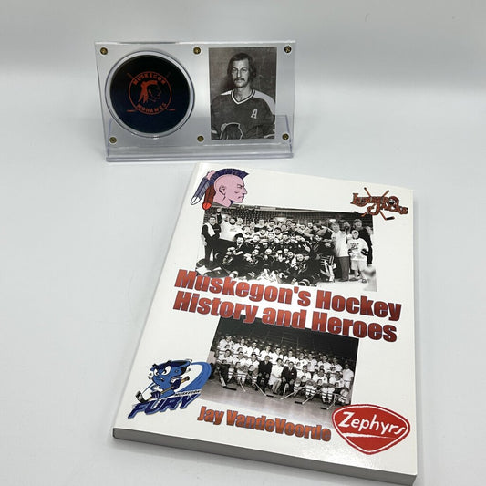 Muskegon Hockey Memorabilia Murray Flagel Mohawks Puck & Hockey History and Heroes Book /cb