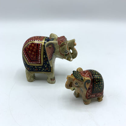 Pair of Ornately Carved Soapstone Elephants, Mother & Baby /hgo