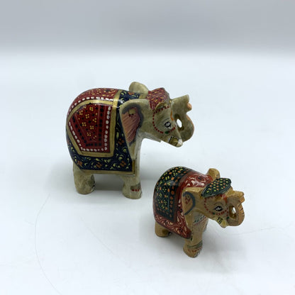 Pair of Ornately Carved Soapstone Elephants, Mother & Baby /hgo