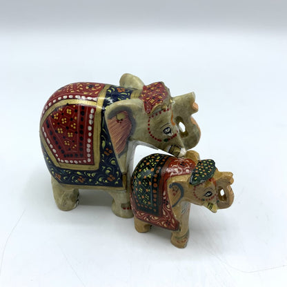 Pair of Ornately Carved Soapstone Elephants, Mother & Baby /hgo