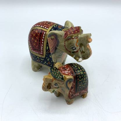 Pair of Ornately Carved Soapstone Elephants, Mother & Baby /hgo