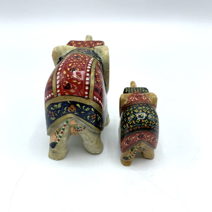 Pair of Ornately Carved Soapstone Elephants, Mother & Baby /hgo