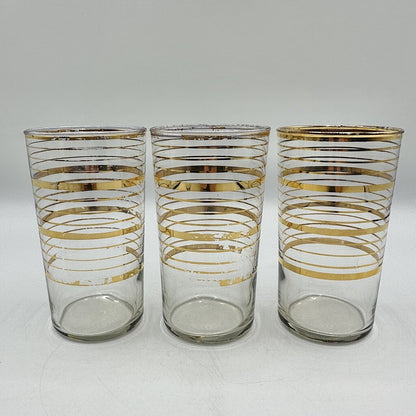 Set Of 3 MCM 4 1/2” Highball Glasses Gold Band Vintage Barware /cb