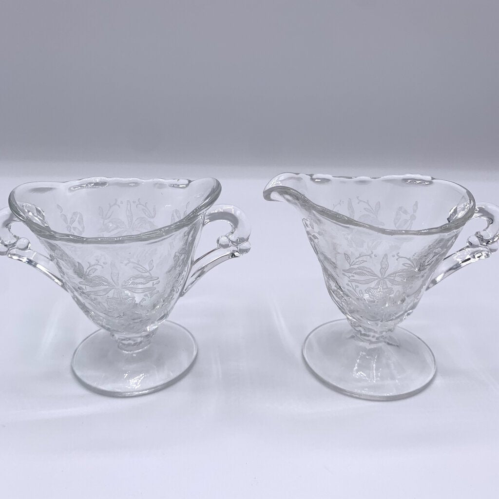 Vintage HEISEY “Orchid” Miniature Etched Glass Sugar Bowl and Creamer Set /hgo