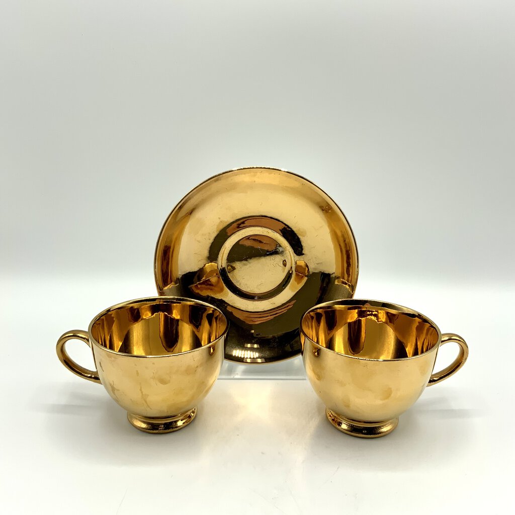 Homer Laughlin Georgian Geo H. Bowman 22k Tea cups (2) and Saucer (1) /ah