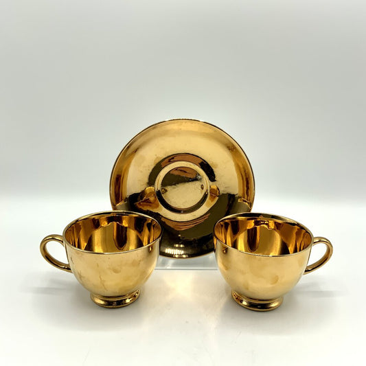 Homer Laughlin Georgian Geo H. Bowman 22k Tea cups (2) and Saucer (1) /ah