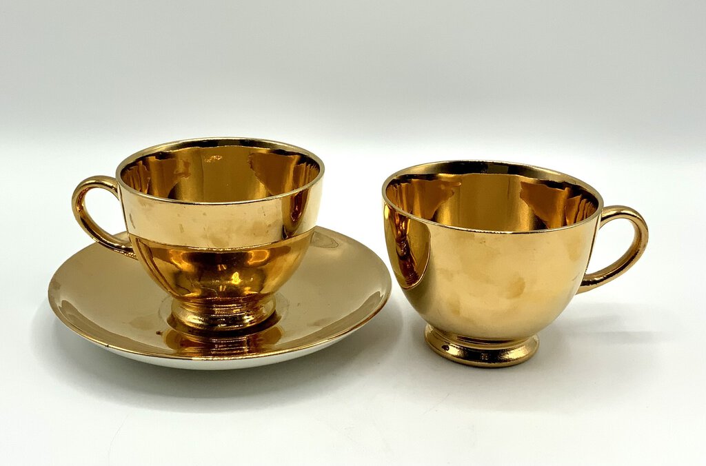 Homer Laughlin Georgian Geo H. Bowman 22k Tea cups (2) and Saucer (1) /ah